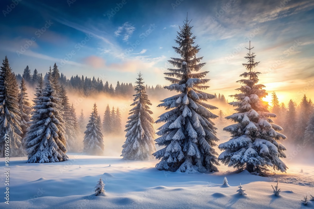 Serene winter landscape of snow-covered fir trees standing tall amidst frozen misty forest floor, surrounded by icy silence and gentle morning fog. Serene winter landscape of snow-covered fir trees standing tall amidst frozen misty forest floor, surrounded by icy silence and gentle morning fog.