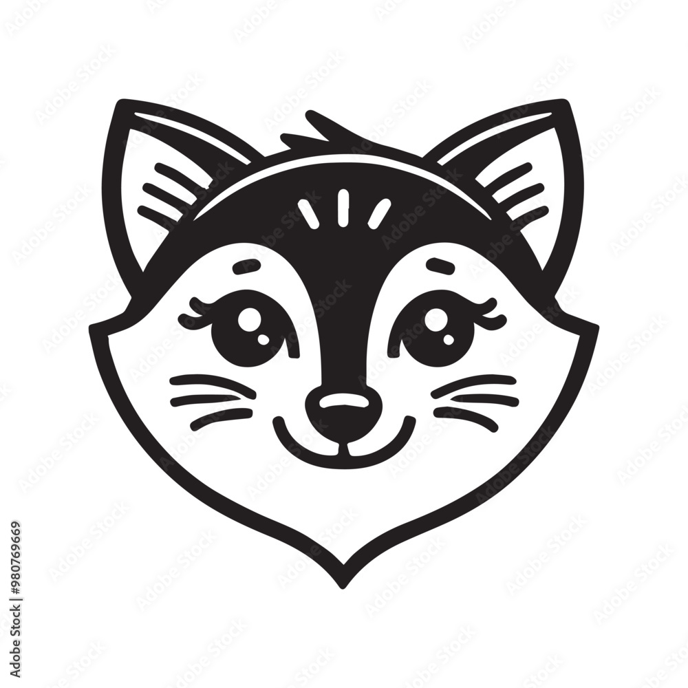 Fox face vector illustration in black and white - Fox Clipart Design - Fox's head outline logo concept
