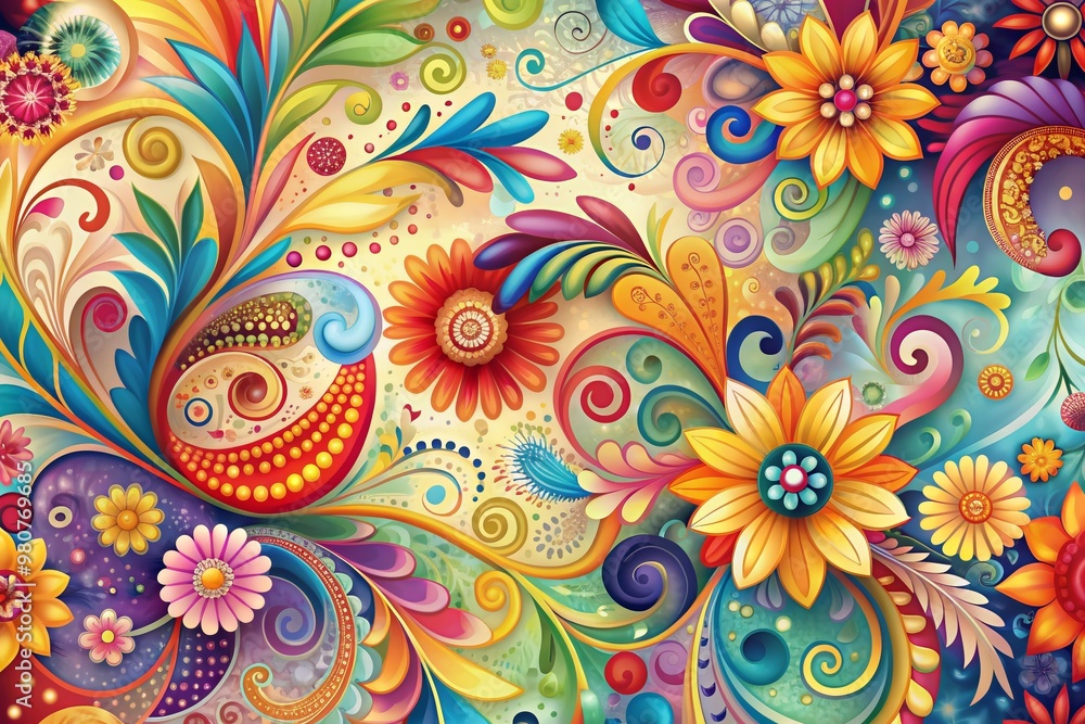Vibrant swirls of colorful patterns intertwined with delicate floral accents evoke a sense of summery warmth and elegance in this abstract background design. Vibrant swirls of colorful patterns intertwined with delicate floral accents evoke a sense of summery warmth and elegance in this abstract background design.