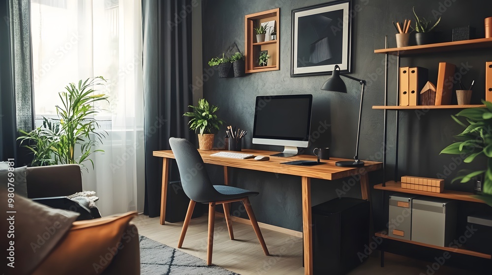 A modern home office with a smart desk and touchless technology, designed with Scandinavian aesthetics A modern home office with a smart desk and touchless technology, designed with Scandinavian aesthetics