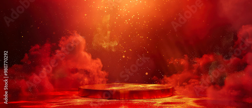 Red shimmering podium, stage, pedestal with golden shimmer, dramatic lightning, steam effect, spotlight. Luxury display for product presentation. Red mockup for celebrating. Generative ai