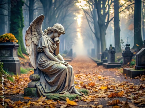 A fragmented, delicate, and weathered stone angel statue lies shattered on a misty, serene graveyard floor, surrounded