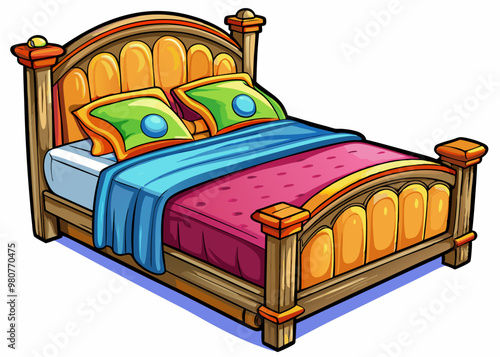 cartoon vector illustration of double bed with headboard, white isolated background, antique furniture, home interior decoration