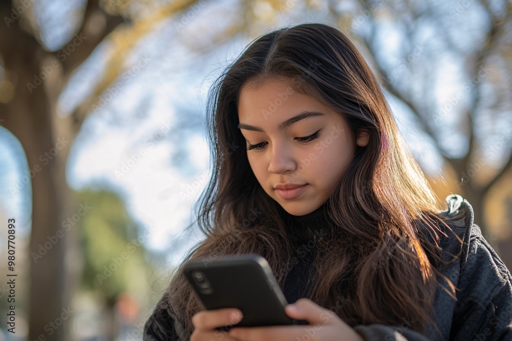 A young girl engages with her smartphone outdoors, showcasing focus and connection in a serene, natural setting. A young girl engages with her smartphone outdoors, showcasing focus and connection in a serene, natural setting.