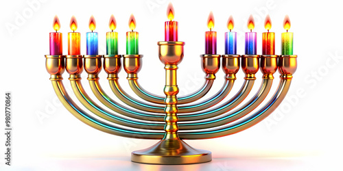 3D Glowing Menorah Icon: Vibrant Abstract Digital Art with Candles for Hanukkah Celebrations, Ideal for Festive Advertisements