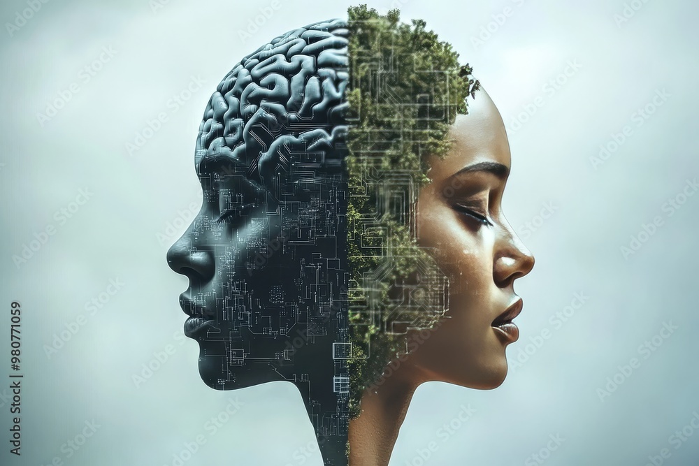 Split profile of a woman’s face divided between organic and mechanical brain components symbolizing the balance between nature and technology in future cognition Split profile of a woman’s face divided between organic and mechanical brain components symbolizing the balance between nature and technology in future cognition