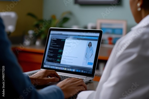 A healthcare professional using a laptop to access digital medical records, showcasing technology in modern healthcare settings.