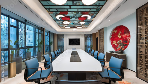 Conference room adorned with window flowers, reflecting a strong business atmosphere and traditional Chinese culture elements photo