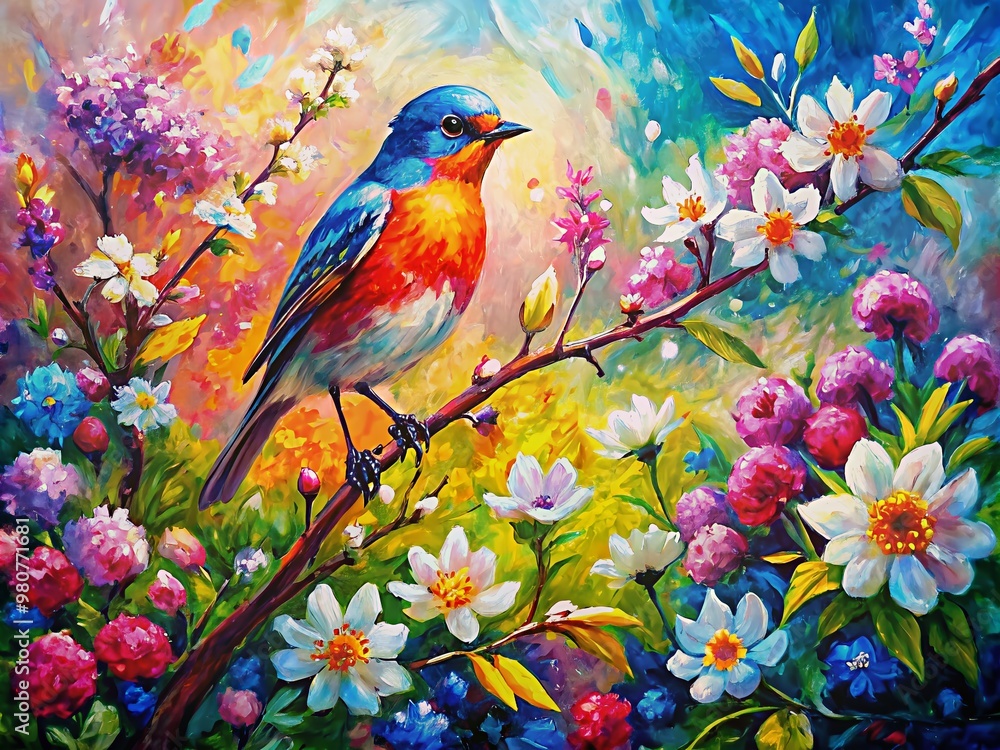 Vibrant abstract oil and acrylic painting on canvas featuring a bird amidst blooming spring flowers, characterized by expressive brushstrokes and mesmerizing color palette. Vibrant abstract oil and acrylic painting on canvas featuring a bird amidst blooming spring flowers, characterized by expressive brushstrokes and mesmerizing color palette.