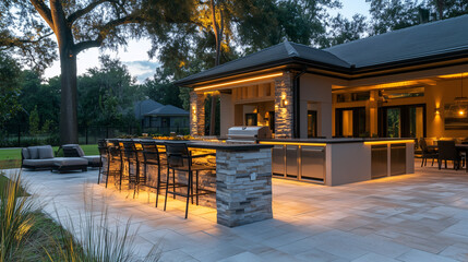 Fototapete Grau 2 An upscale outdoor kitchen with a bar island, elegant lighting, and comfortable lounge seating, designed for hosting dinner parties  © highspirit