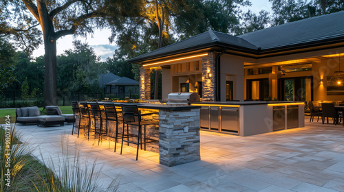 An upscale outdoor kitchen with a bar island, elegant lighting, and comfortable lounge seating, designed for hosting dinner parties