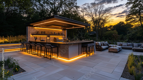 An upscale outdoor kitchen with a bar island, elegant lighting, and comfortable lounge seating, designed for hosting dinner parties