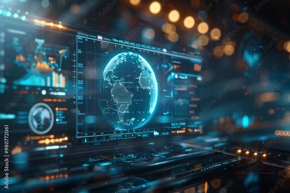 A futuristic digital globe with holographic interfaces displays global data insights in a high-tech environment A futuristic digital globe with holographic interfaces displays global data insights in a high-tech environment