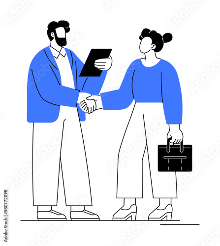 Wallpaper Mural Two professionals shake hands while exchanging a document, both dressed formally. Ideal for teamwork, agreement, job interview, professional communication, business partnership. Clean, minimal, modern Torontodigital.ca