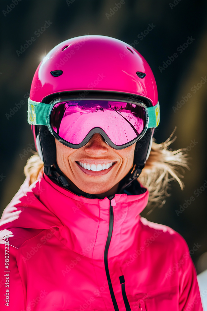 A woman in a pink jacket and goggles is smiling A woman in a pink jacket and goggles is smiling