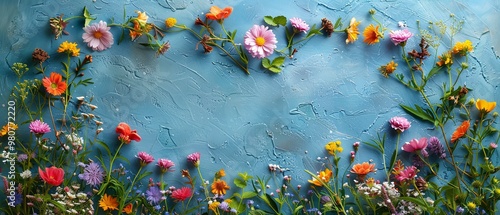 A playful array of wildflowers and spring leaves.  photo