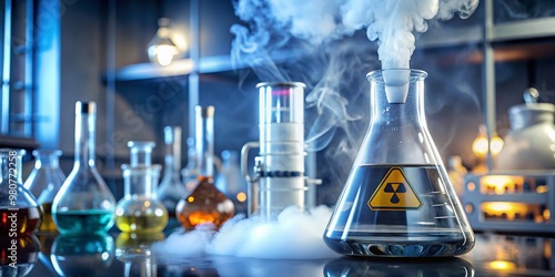 A glass vial containing a colorless liquid, surrounded by hazardous material signs, laboratory equipment, and a fume photo