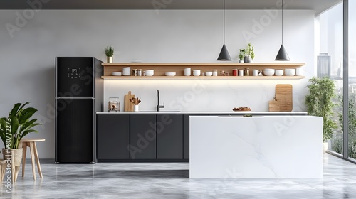 A minimalist kitchen with a smart fridge and touchless technology, in a Scandinavian style