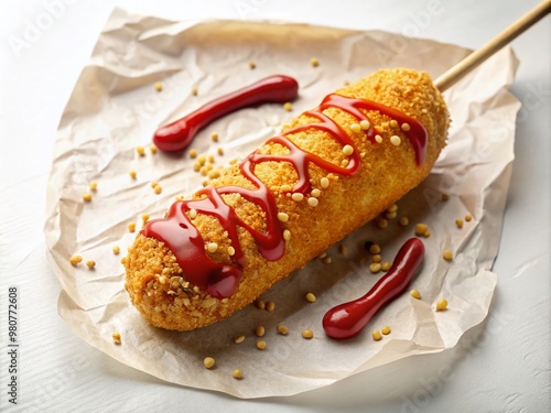 A golden-brown corn dog, drizzled with ketchup and mustard, stands upright on a white background, surrounded by photo