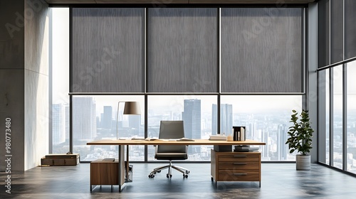 A sleek office space with smart blinds and Scandinavian furniture