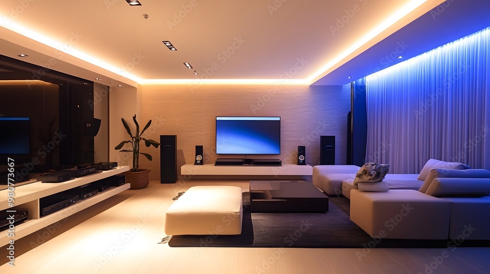 A modern living room with smart-controlled lights and a minimal entertainment system A modern living room with smart-controlled lights and a minimal entertainment system