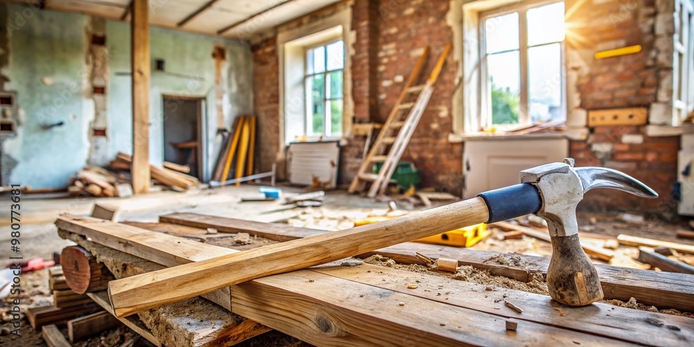 A hammer lies on a wooden beam amidst scattered tools and construction materials, surrounded by a partially demolished A hammer lies on a wooden beam amidst scattered tools and construction materials, surrounded by a partially demolished