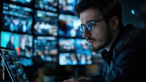 Journalist with glasses typing on a laptop while multiple screens display news updates photo