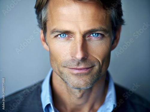 A handsome middle-aged Caucasian man with bright blue eyes and a strong jawline gazes directly at the camera