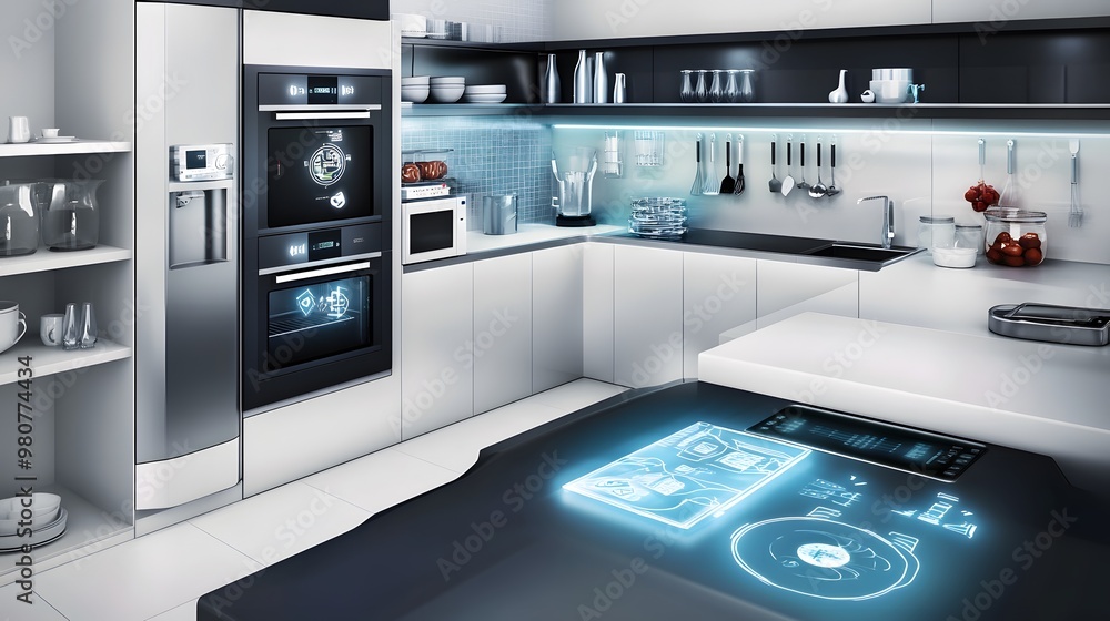 A modern kitchen with integrated smart technology and sleek appliances A modern kitchen with integrated smart technology and sleek appliances
