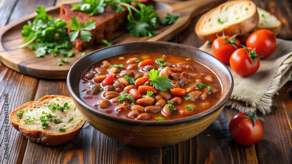 A hearty, steaming bowl of brown beans in a savory tomato-based broth, garnished with fresh cilantro and served A hearty, steaming bowl of brown beans in a savory tomato-based broth, garnished with fresh cilantro and served