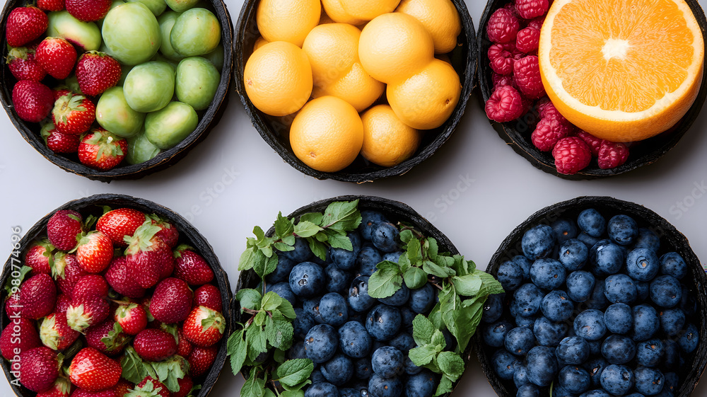 healthy produce image, vibrant fruits, vegetables in the baskets