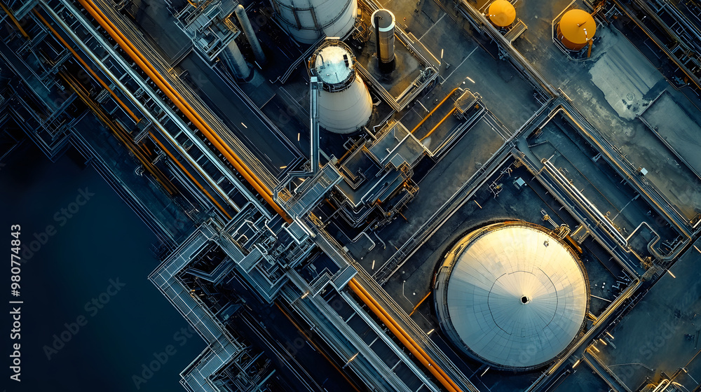 Minimalist aerial view of oil refinery with geometric patterns. Minimalist aerial view of oil refinery with geometric patterns.