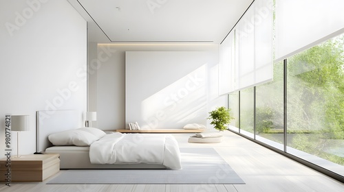 A minimalist bedroom featuring automated blinds and smart heating control