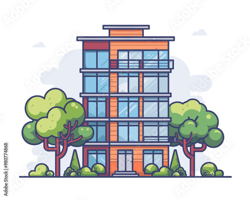 Modern apartment building with trees and bushes. Vector illustration in cartoon style.