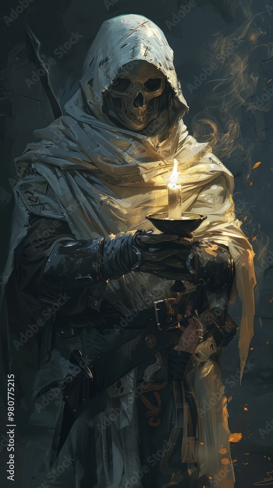 A cloaked figure with a skull mask holds a candle in a dark, mysterious setting, evoking themes of death and the unknown A cloaked figure with a skull mask holds a candle in a dark, mysterious setting, evoking themes of death and the unknown