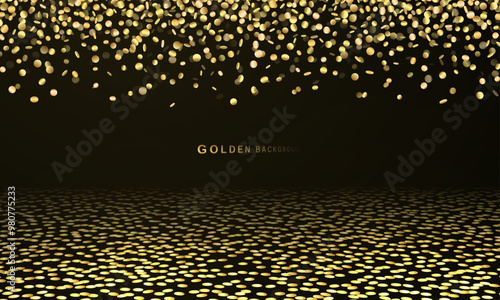 Falling shiny and lying on the floor golden confetti on a dark background. Vector illustration.