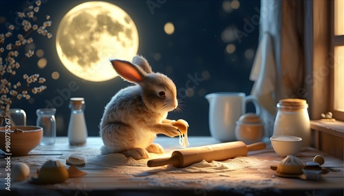 Charming 3D animation of a rabbit with floury paws baking delightful moonlit treats in a serene candy-inspired style photo