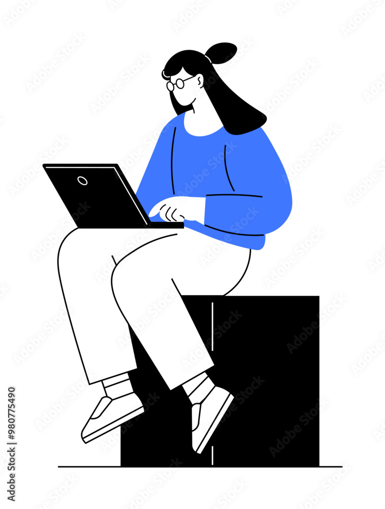 Woman sitting on a block and typing on a laptop. Ideal for remote work, freelancing, studying, productivity, and modern lifestyle themes. Simple, minimalist vector style. Woman sitting on a block and typing on a laptop. Ideal for remote work, freelancing, studying, productivity, and modern lifestyle themes. Simple, minimalist vector style.