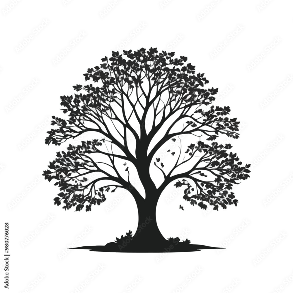 Fototapeta premium Silhouette of a large tree with leaves falling.