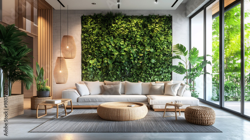 A modern living room designed with biophilic principles, featuring a green wall filled with plants, bamboo furniture, and natural textures like stone and wood. 
