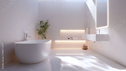A minimalist bathroom featuring motion-sensor smart lighting and touchless faucet