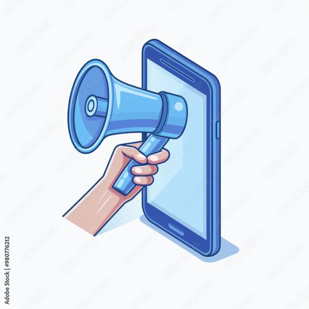 A hand holding a blue megaphone attached to a smartphone demonstrating communication techniques A hand holding a blue megaphone attached to a smartphone demonstrating communication techniques