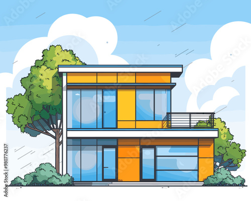 Vector illustration of a modern apartment building on a background of green trees