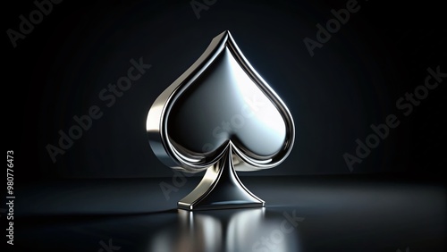 A lone, iconic spade suit symbol, chromed and three-dimensional, rests on a sleek black background, radiating luxury,