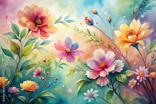 Vibrant watercolor ink painting featuring blooming flowers and delicate leaves in bright spring colors against an abstract, softly blurred background of gentle hues.