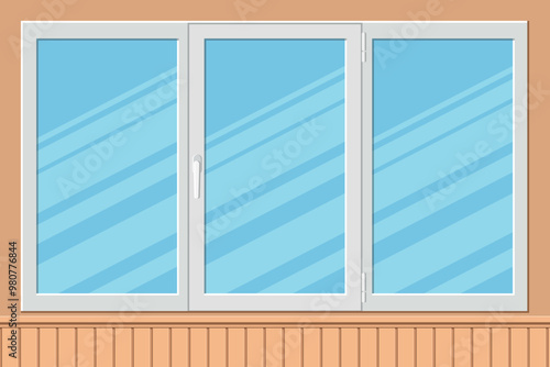 Plastic modern triple casement window in flat style. Closed window on wooden wall. Vector illustration