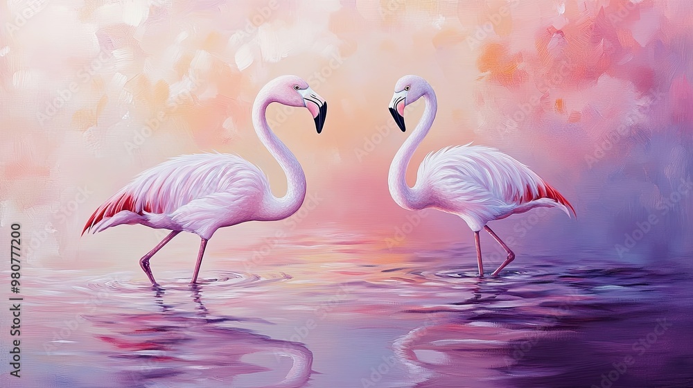 Obraz premium Romantic Flamingos at Sunset in Beautiful Pastel Colors