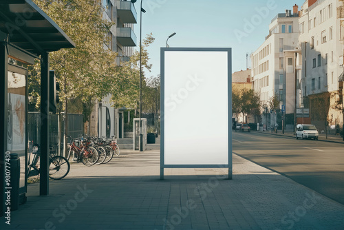 Empty Outdoor Billboard on a City Street with Bicycles and Buildings in the Background - Created with AI