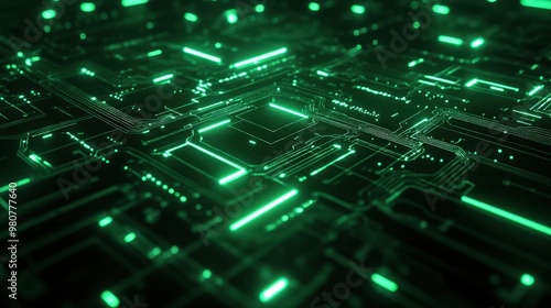 Close-up view of a futuristic circuit board with glowing green lines, showcasing modern technology and intricate design.