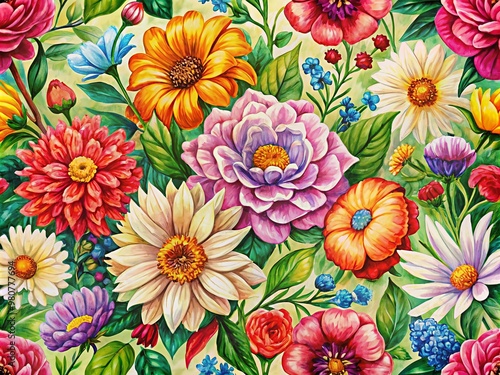 Vibrant hand-drawn flowers in a seamless pattern, created with acrylic paint in a vintage art style, evoke a sense of springtime wonder and natural beauty.